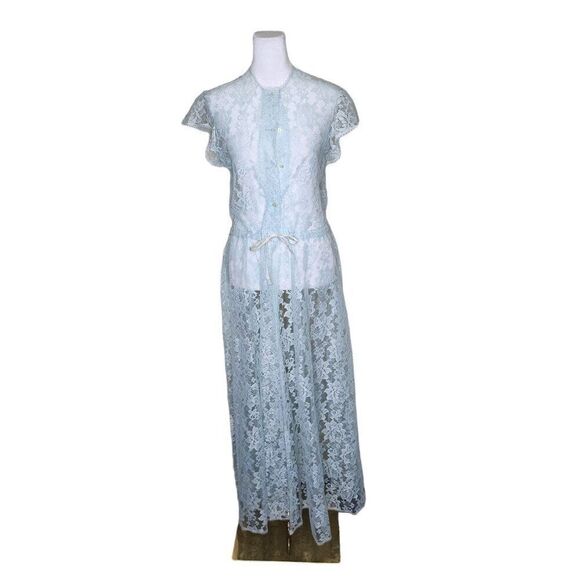 Vintage 80s Gunne Sax Lingerie Lace Long Robe Womens M Blue - Picture 1 of 6